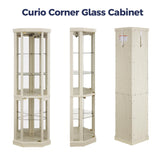 Trygoal Lighted 3-Side Glass Display Curio Cabinet, Corner China Cabinet with Tempered Glass Doors, Wooden Display Case with Light Bulb for Living Room, Antique White Trygoal