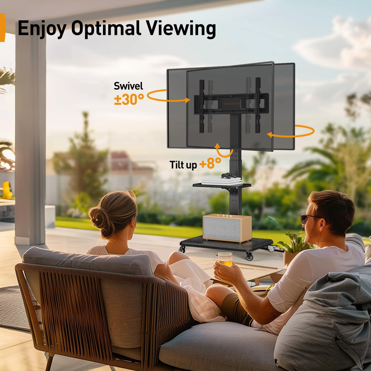 Perlegear Mobile TV Stand with Power Outlet, Tilt & Swivel Rolling TV Cart for 32 to 65 70 75 inch TVs up to 110 lbs, Height Adjustable Rolling TV Stand with Wheels, Max VESA 600x400mm, PGTVMC17 Perlegear
