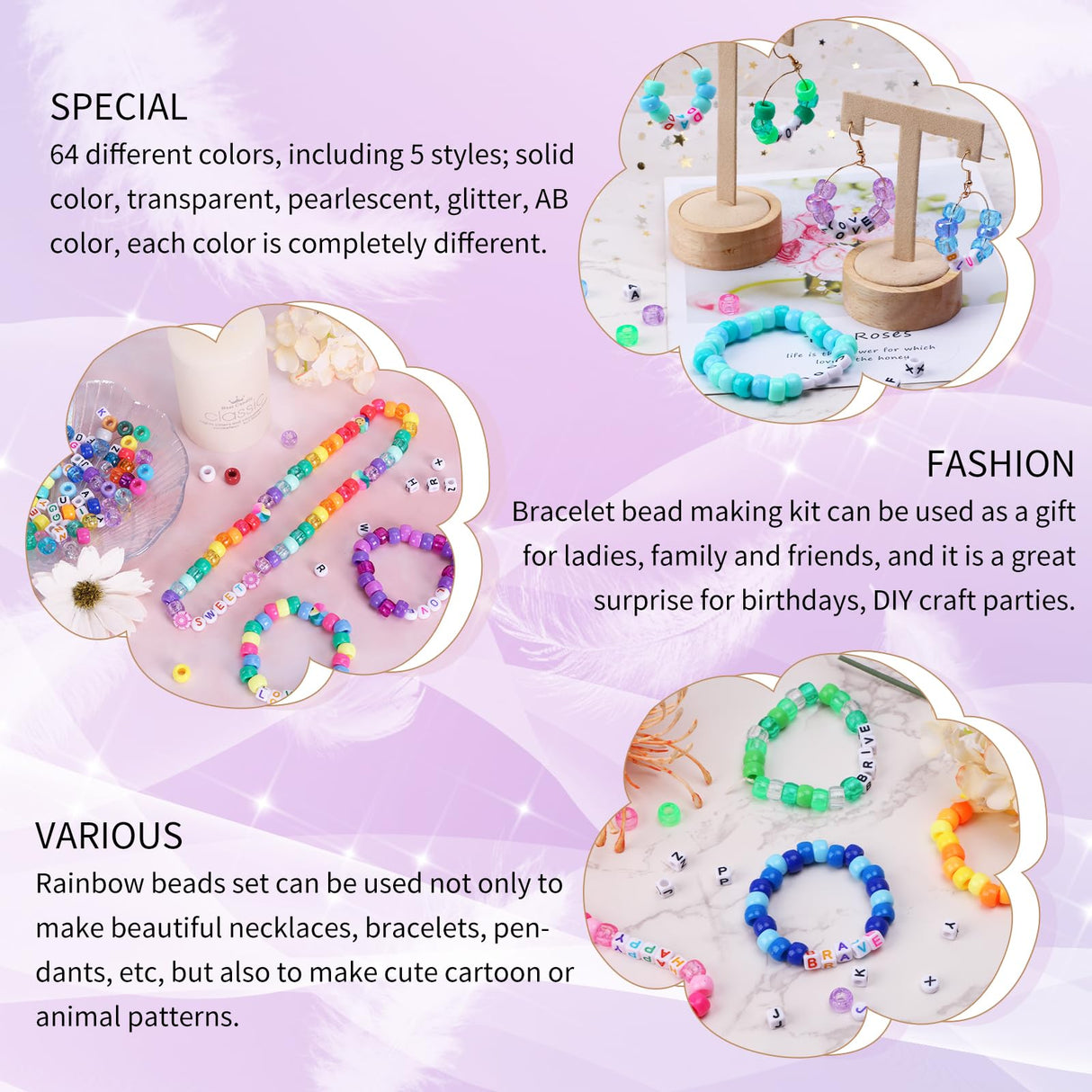 QUEFE 2350pcs, 64 Colors, Pony Beads for Bracelet Making Kit, Rainbow Kandi Beads Friendship Bracelet Kit, Letter Beads and Elastic Strings for Bracelet Necklace Making, Craft Gifts Set for Girls QUEFE