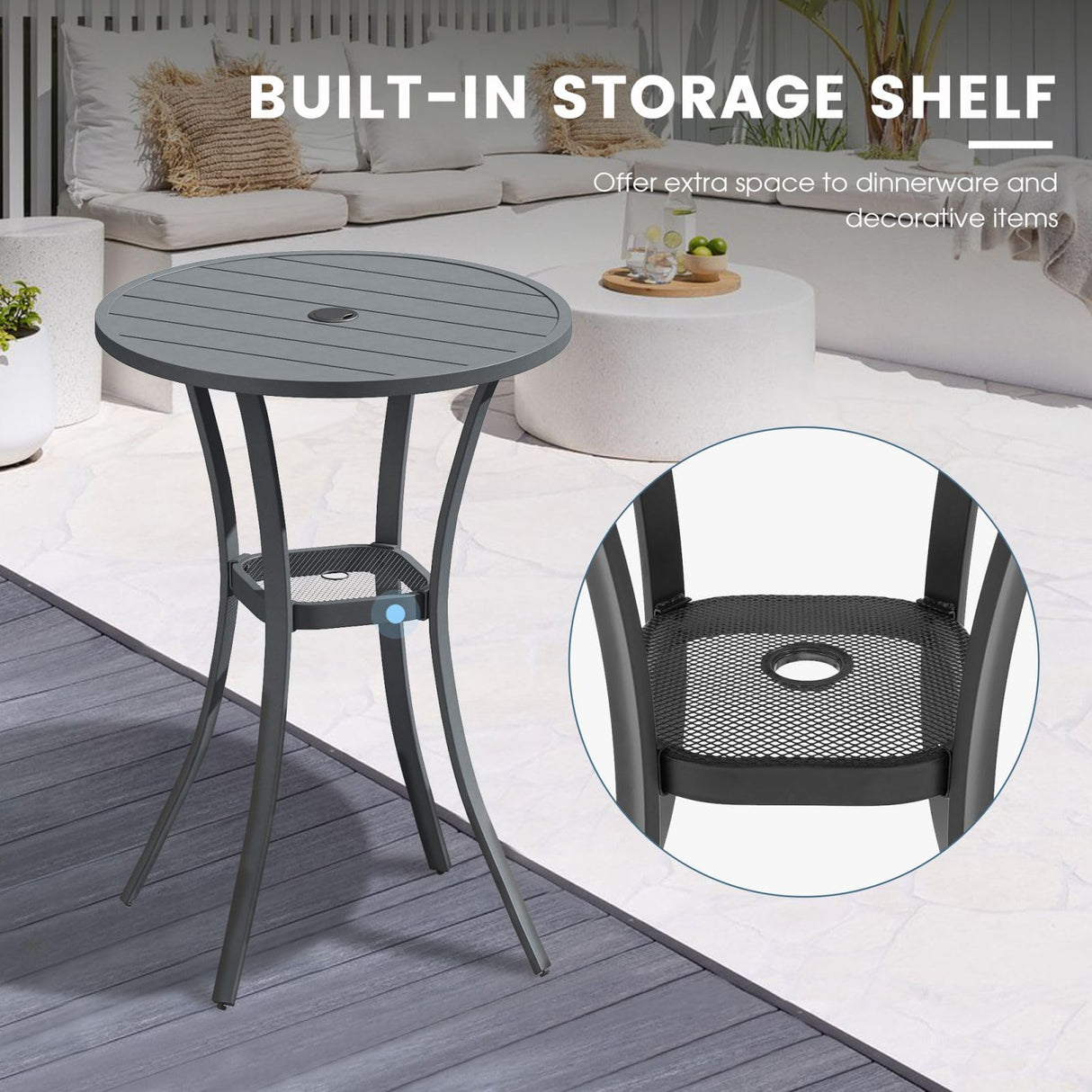 DIFY Patio Bar Height Table, Grey 28" Round Outdoor Pub Table with 1.57" Umbrella Hole for Bistro, Garden, Poolside and Balcony DIFY