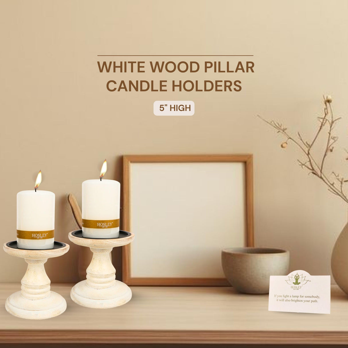 Hosley White 5 Inch High Wooden Pillar Candle Holder Country Style. Ideal Gift for Wedding Party Home Spa Reiki Aromatherapy LED Votive Candle Gardens W1 Hosley