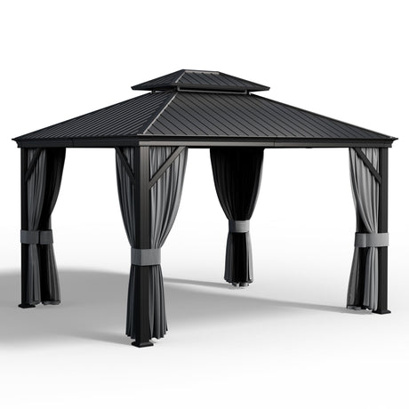 PAMAPIC 10'x12' Hardtop Gazebo, Double Roof Canopy with Netting and Curtains,2-Tier Hardtop Gazebo with Galvanized Iron Aluminum Frame, GardenTent for Backyard, Parties, Garden, Black Pamapic