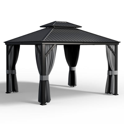 PAMAPIC 10'x12' Hardtop Gazebo, Double Roof Canopy with Netting and Curtains,2-Tier Hardtop Gazebo with Galvanized Iron Aluminum Frame, GardenTent for Backyard, Parties, Garden, Black