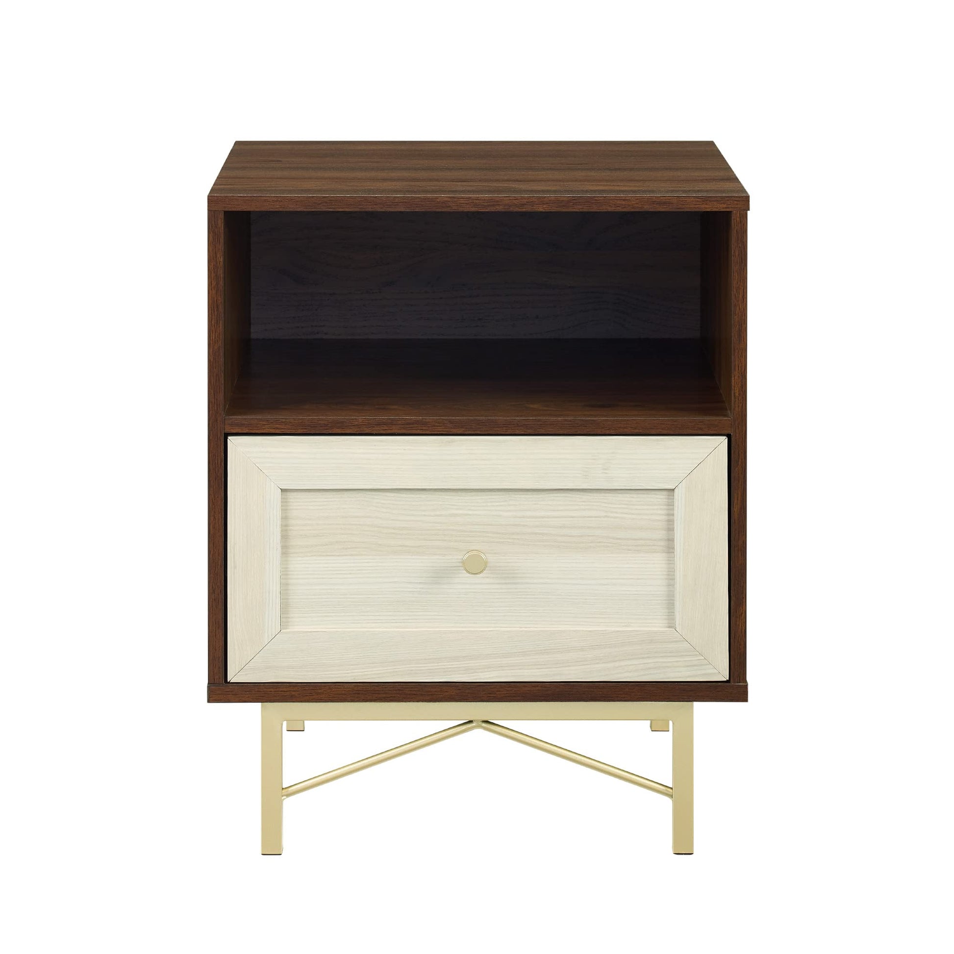 Walker Edison Morgan Contemporary Wood and Metal 1 Drawer Nightstand with Gold Accents, 25 Inch, Dark Walnut and White Poplar - WoodArtSupply