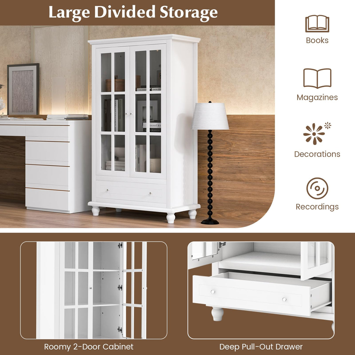Giantex 55" White Tall Wooden Bookcase with Glass Doors, Adjustable Shelves, and Drawer Giantex