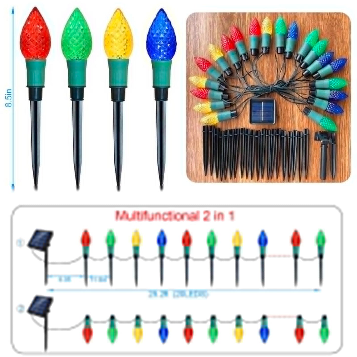 Newest Version 2 in 1 Outdoor Christmas Decorations and Solar Christmas Lights, 20-Pack Waterproof Solar C9 Strawberry Christmas Garden Stake Lights for Christmas Tree Garden Patio Yard Pathway