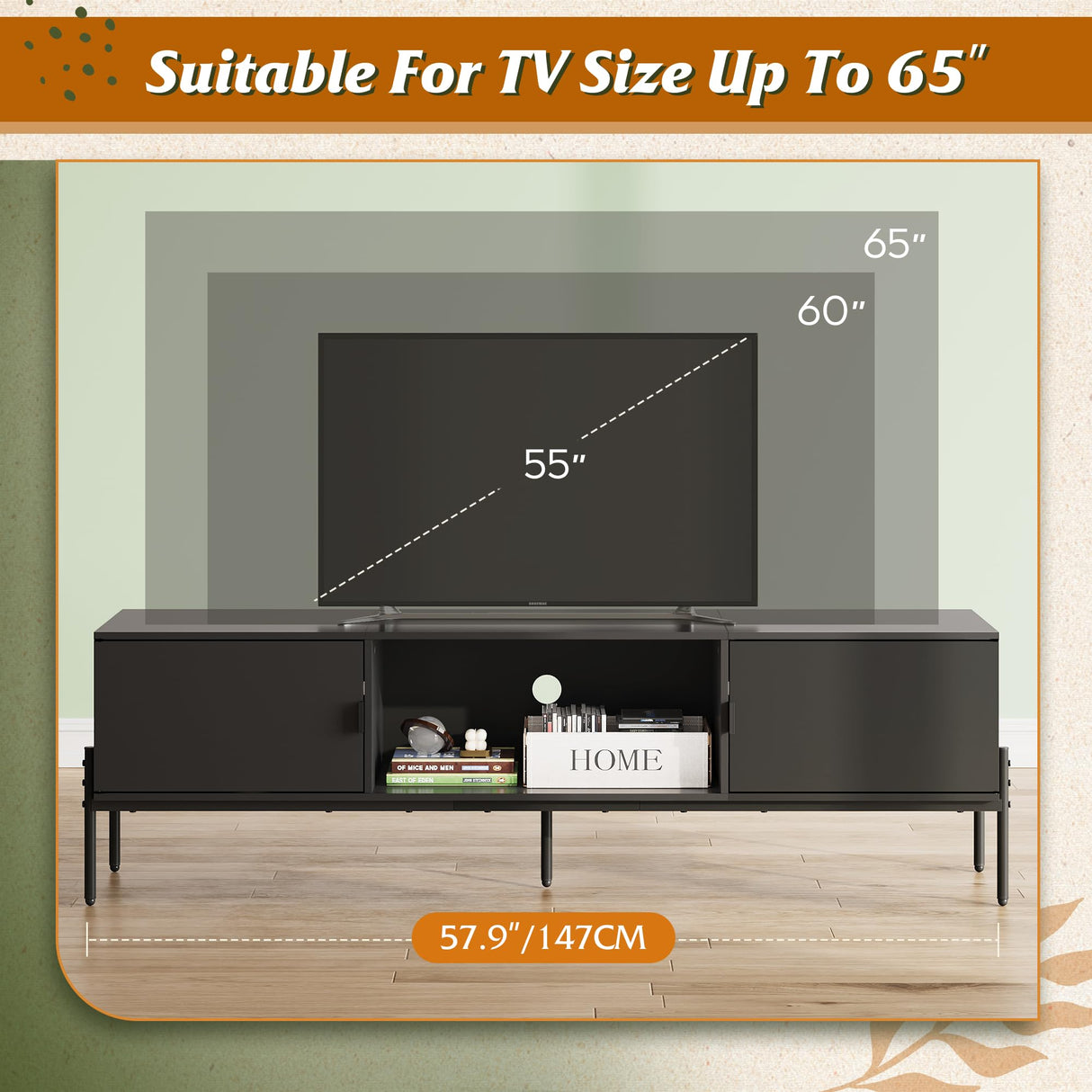 WLIVE Modern TV Stand for 65 Inch TV, Mid Century Entainment Center with Storage, TV Console with Open Shelf and 2 Cabinets for Bedroom and Living Room, TV Cabinet with Metal Legs, Black WLIVE