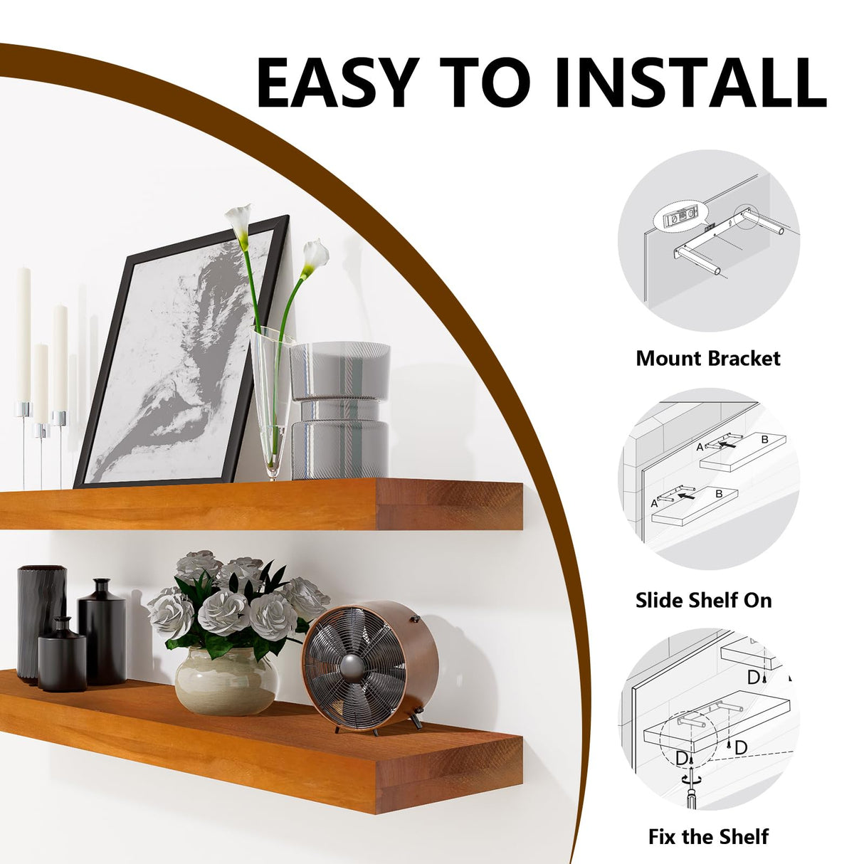 Beneouya 24 Inch Floating Shelves, Bathroom Wooden Shelves for Wall Mounted, Rustic Farmhouse Floating Shelves, Solid Wood Wall Shelves for Storage, Set of 2, Honey Oak Beneouya