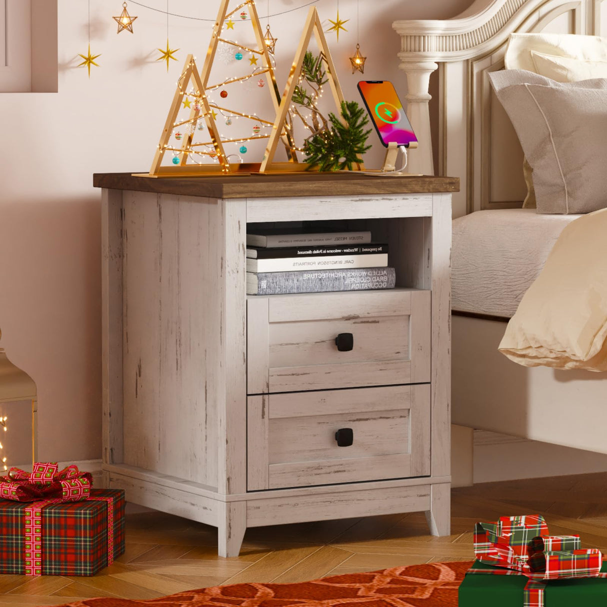 Lifewit Farmhouse Nightstand with Power Outlets and USB Ports, Bedside Table with 2 Drawers and 1 Open Storage Space, Side Table, End Table, Night Stand for Bedroom, Rustic White Lifewit