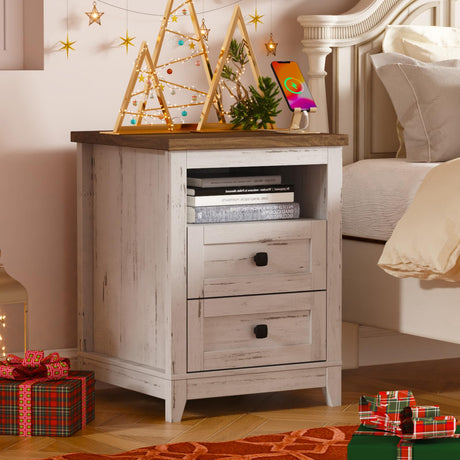 Lifewit Farmhouse Nightstand with Power Outlets and USB Ports, Bedside Table with 2 Drawers and 1 Open Storage Space, Side Table, End Table, Night Stand for Bedroom, Rustic White Lifewit