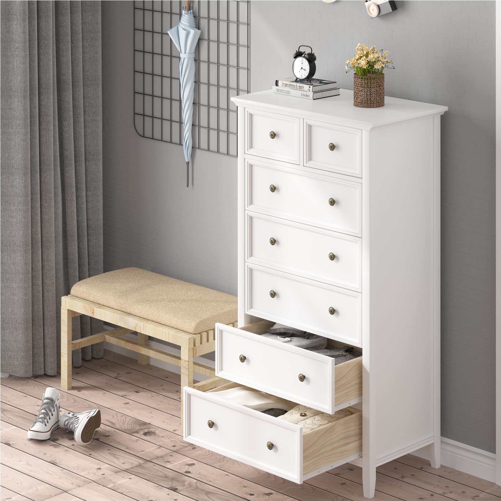 IKENO White 7 Drawer Tall Dresser, Tall Solid Wood Large Storage Cabinet, Modern Simple White Tall Chest of Drawer for Bedroom Living Room Hallway Entryway (White) - WoodArtSupply