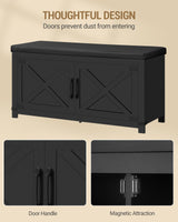 Hzuaneri Farmhouse Shoe Storage Bench, 2 Tier Shoe Bench with Padded Seat Cushion & 2 Barn Doors, Entryway Bench with Adjustable Shelf, Shoe Cabinet for Living Room, Bedroom, Black SB26606BK Hzuaneri