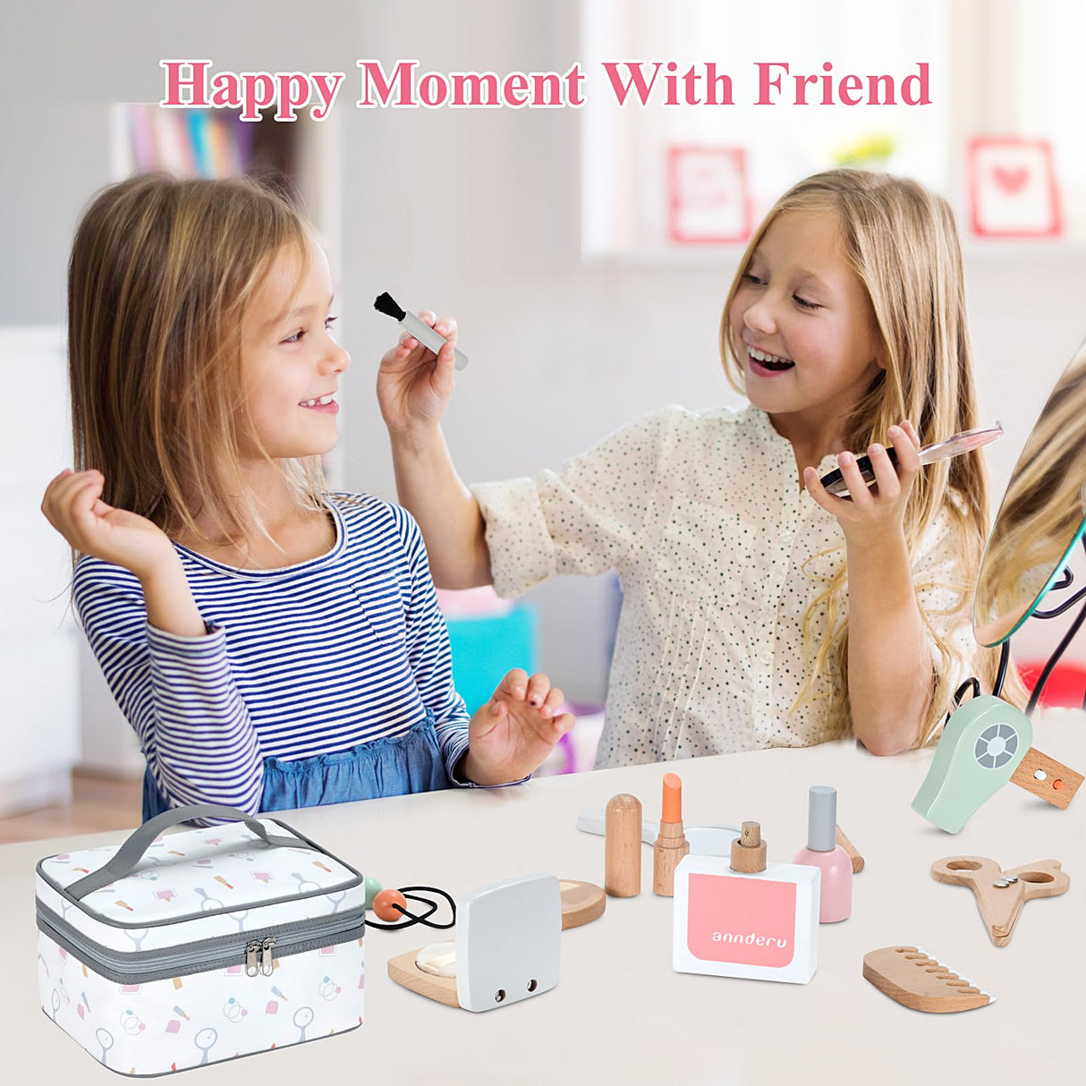 Ehome Wooden Makeup Toy Set, Wooden Salon Toys Toddler Pretend Makeup Kit for Little Girls Princess Gift Wood Play Make Up Beauty Set Toys for Girls Age 3 - 9 Birthday Christmas Ehome