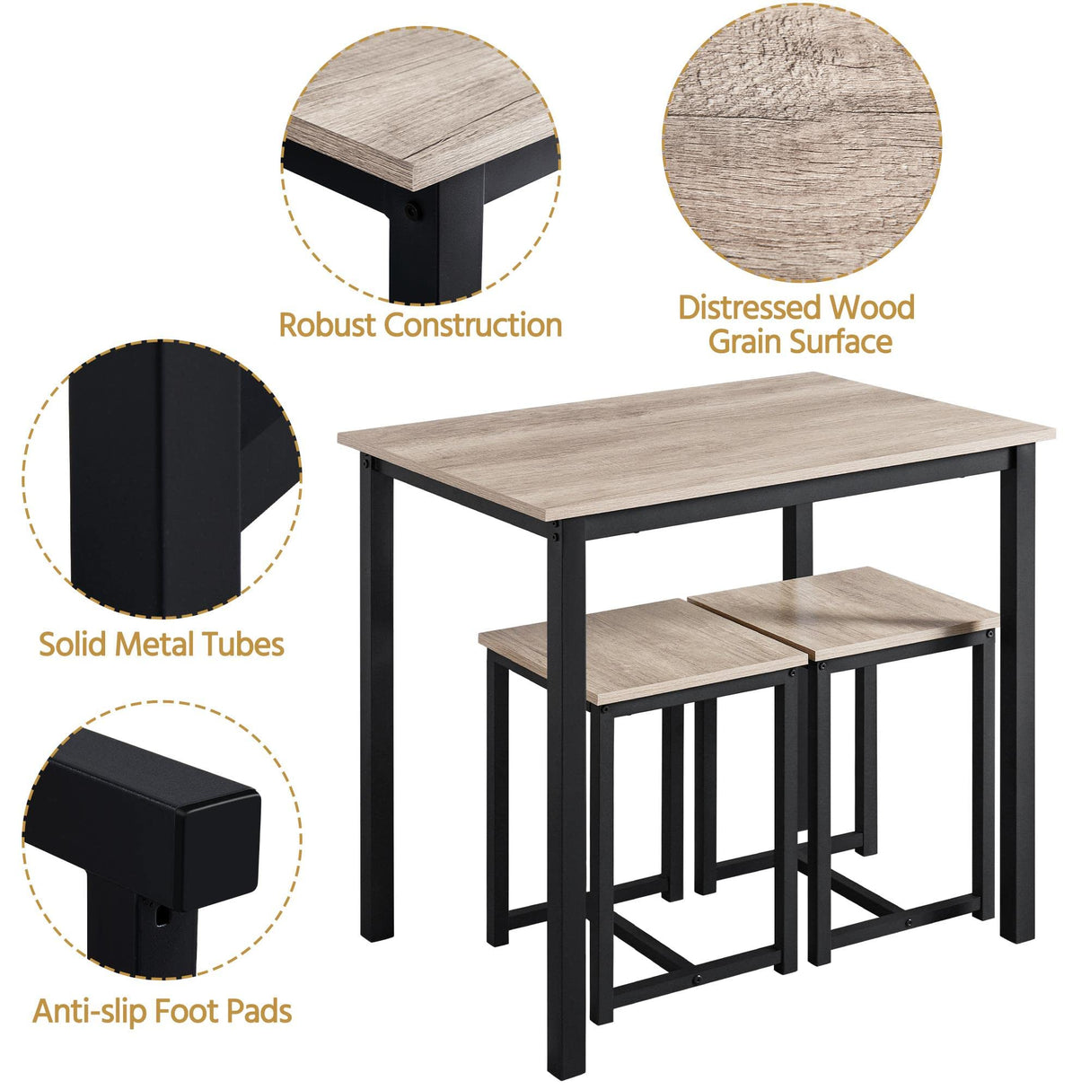 Yaheetech 3 Piece Dining Table Set - Kitchen Table & Chair Sets for 2 - Compact Table w/ 2 Stools & Space Saving Design for Dining Room Living Room Kitchen, Gray Yaheetech