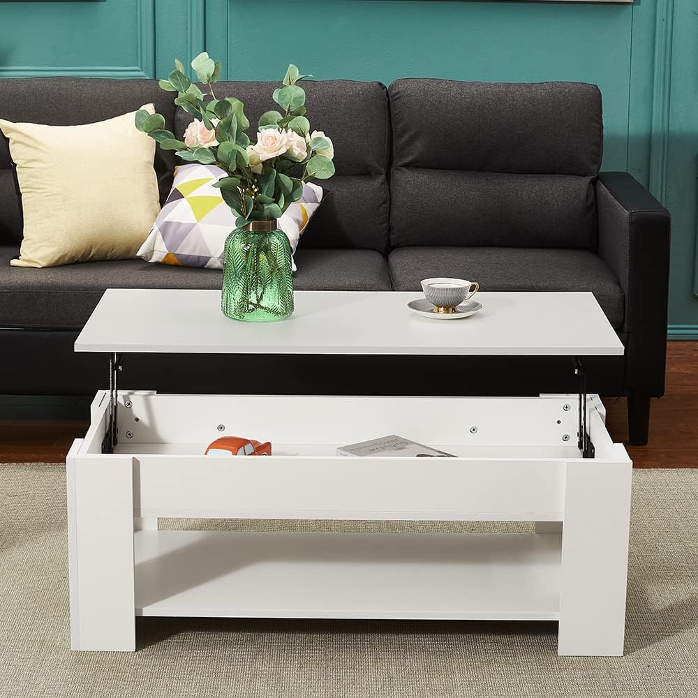 Panana Modern Lift Up Top Coffee Table with Hidden Storage and 1 Shelf Wooden Tea Table Sofa End Table for Living Room, Office, 39.4" x 19.7" x 18.5" (White) Panana