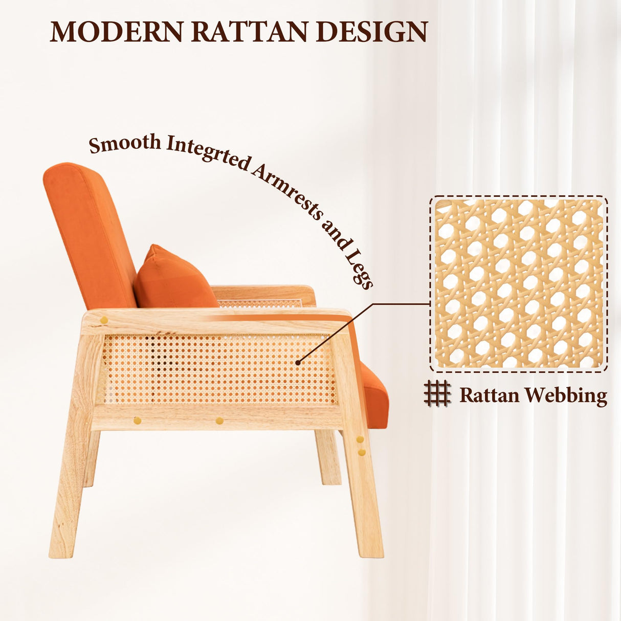 Furmax Accent Chair with Rattan Armrests, Mid Century Modern Lounge Armchair for Living Room, Single Upholstered Leisure Reading Chair with Waist Pillow and Wooden Frame,Set of 1 Furmax