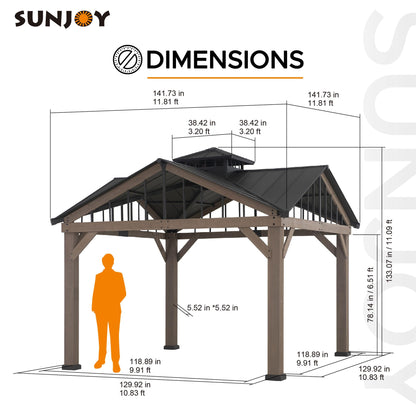 Sunjoy 12 x 12 ft. Hardtop Gazebo 2-Tier Wooden Frame Outdoor Gazebo with Ceiling Hook for Patio, Backyard, and Garden, Brown - WoodArtSupply