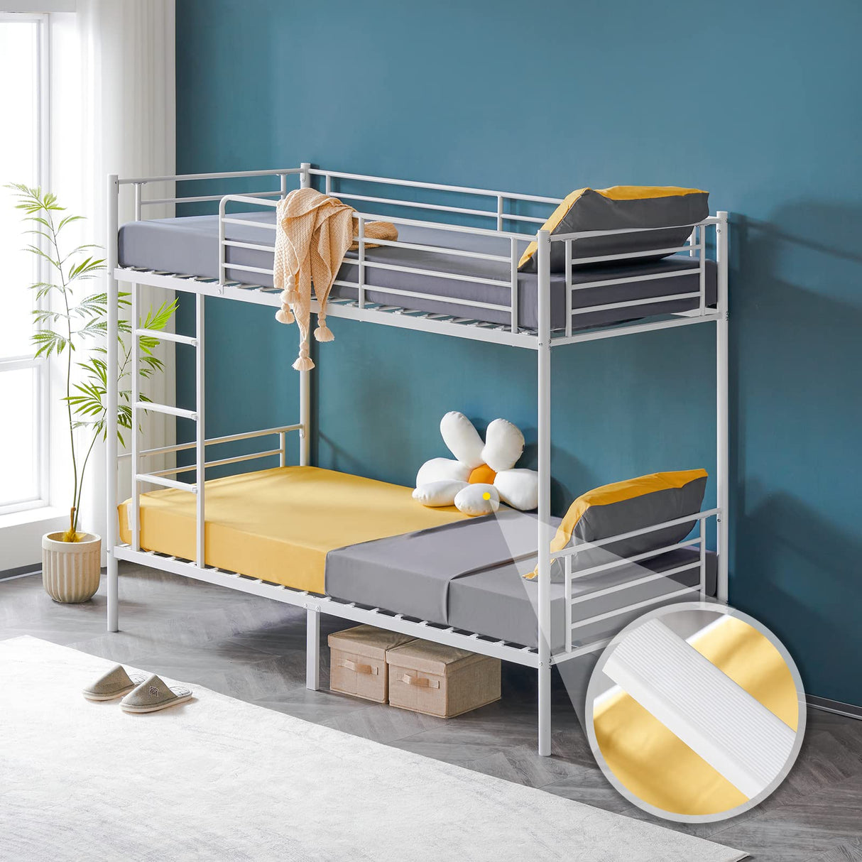 VINGLI Bunk Bed Twin Over Twin Bunk Bed for Kids/Adults with Stairs Flat Rungs, Metal Double Decks Bed, White VINGLI