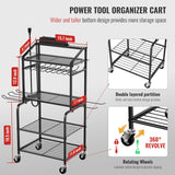 Power Tool Organizer Cart with Charging Station, Garage Floor Standing Rolling Drill and Tools Battery Storage Cart on Wheels, Rolling Tool Cart with 6 Outlet Power Strip FULOOPHI