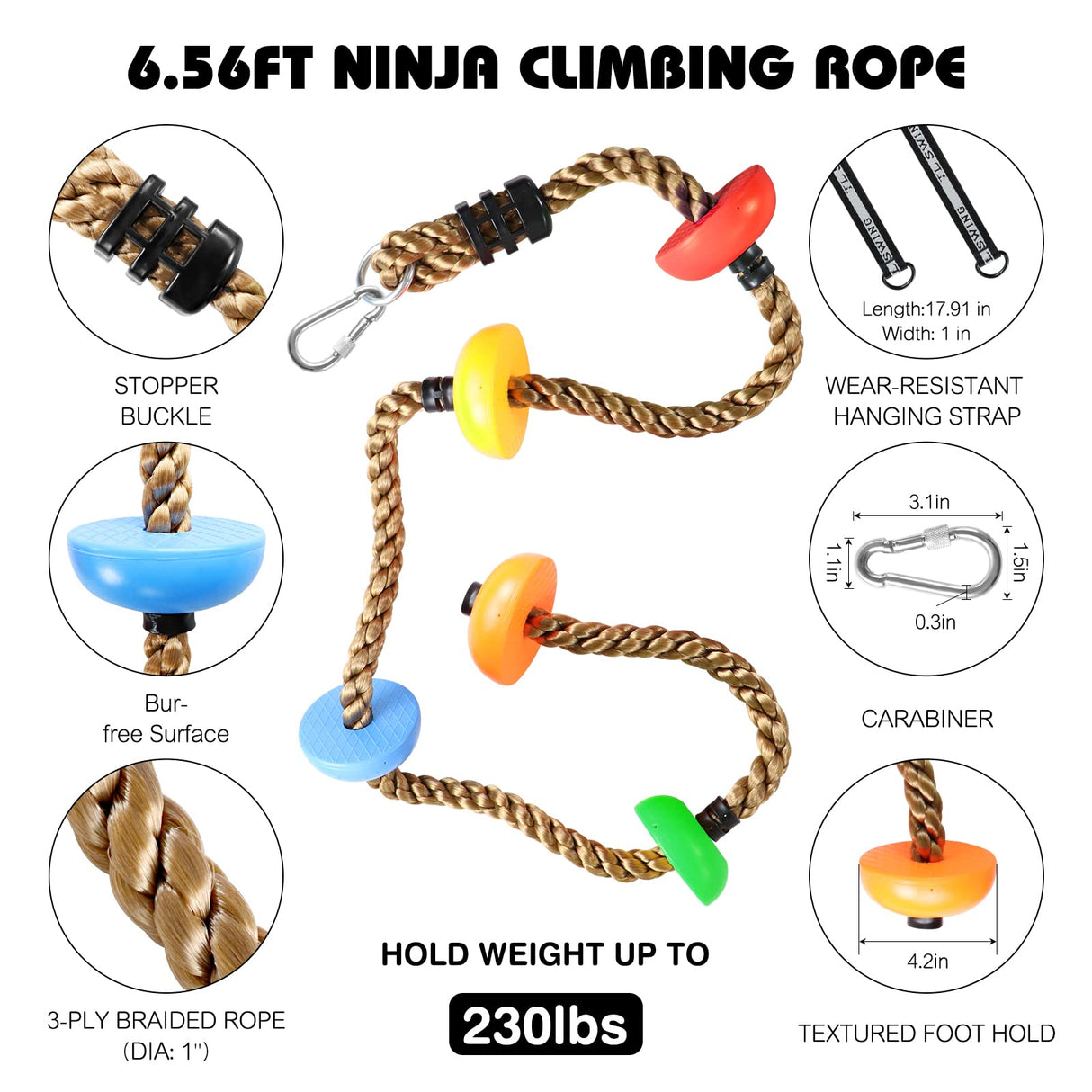 12 Ninja Tree Climbing Holds and 6.56FT Climbing Rope for Kids, Tree Climber Climbing Kit for Outdoor Ninja Warrior Obstacle Course Training TOPNEW