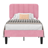 VECELO Twin Size Bed Frame with Upholstered Headboard, Velvet Platform Bedframe Mattress Foundation, Strong Wood Slat Support, No Box Spring Needed,Pink VECELO