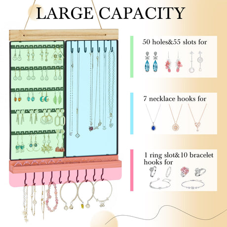 Feyejade Hanging Jewelry Organizer, 5-Tier Wall Earring Holder with Wooden Ring Groove, Jewelry Rack Wall Mounted for Earrings, Necklaces, Bracelets and Rings, Jewelry Holder Stand,Black Feyejade