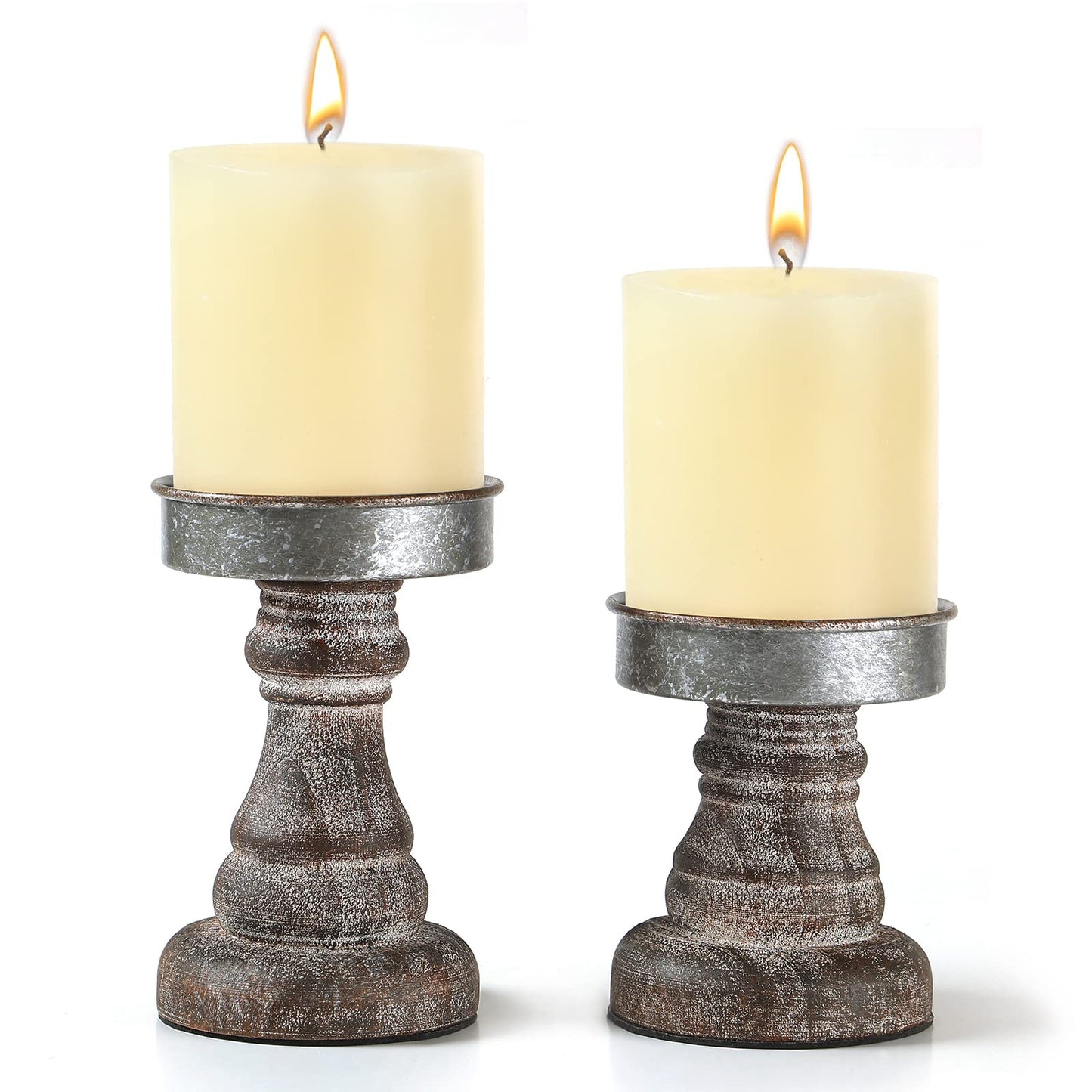 Distressed Wood & Metal Candle Holder, Set of 2 Modern Farmhouse Candlestick Holder, Farmhouse Table Decor, Rustic Decor for Mantel, Dining Table, Coffee Bar Centerpiece