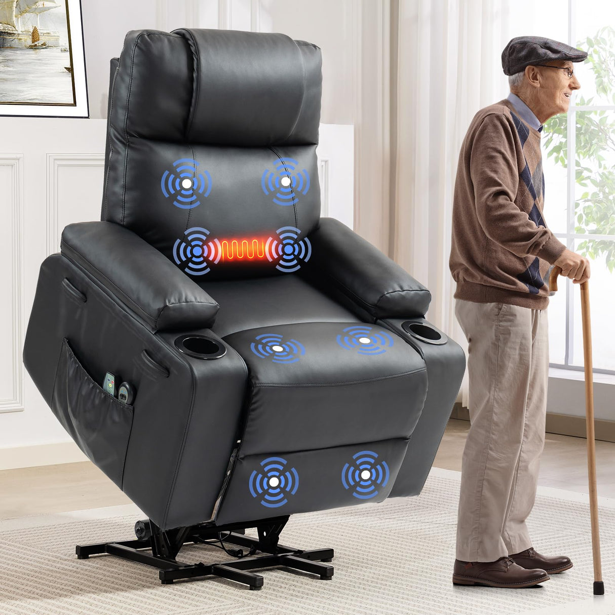 Power Lift Recliner Chair for Elderly with Massage & Heat, 160° Adjustable PU Leather Electric Recliner with Remote, Cup Holders, Side Pockets, and Stand Assist for Living Room, Bedroom (Black) Brage Living