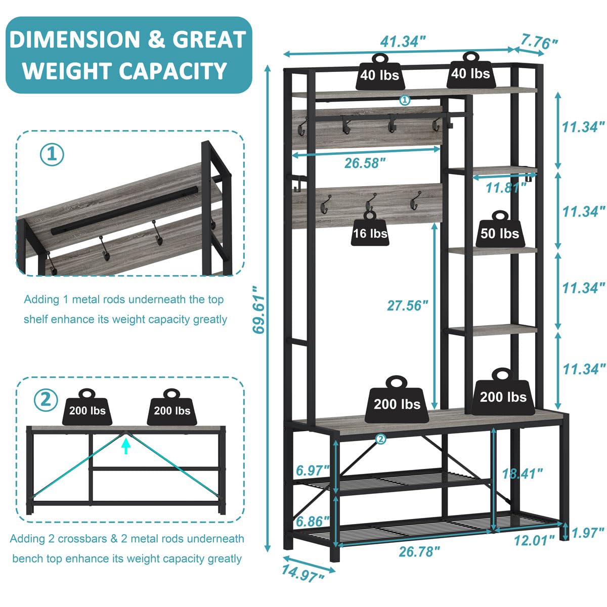 BON AUGURE Industrial Hall Tree with Bench and Shoe Storage, Grey Entryway Bench with Coat Rack, Wooden Metal Coat Tree with Hooks, 5 In 1 Multifunctional Shoe Bench and Wall Rack (Dark Gray Oak) BON AUGURE