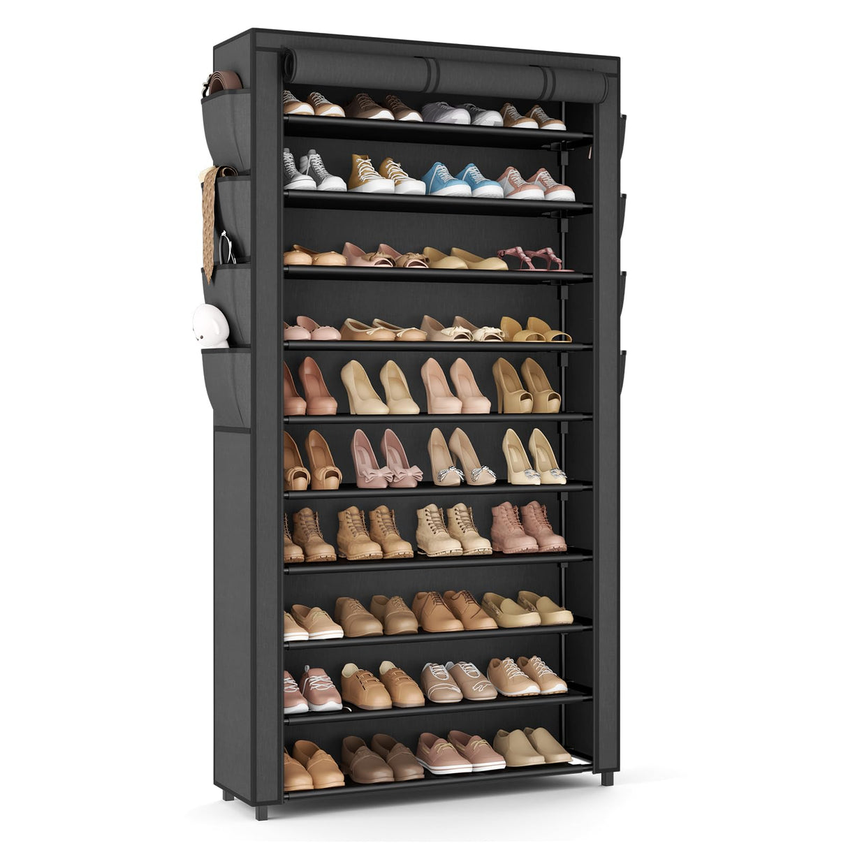 VTRIN Tall Shoe Rack with Cover, 10 Tier Shoe Organizer Storage for 50-55 Pairs Shoes and Boots Large Capacity Shoe Shelf with 8 Pockets Free Standing Shoe Rack for Closet, Entryway, Garage VTRIN
