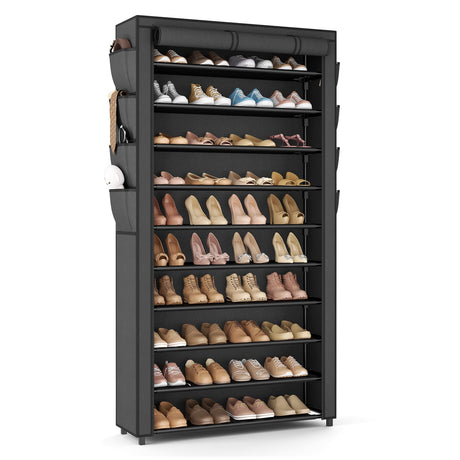 VTRIN Tall Shoe Rack with Cover, 10 Tier Shoe Organizer Storage for 50-55 Pairs Shoes and Boots Large Capacity Shoe Shelf with 8 Pockets Free Standing Shoe Rack for Closet, Entryway, Garage VTRIN