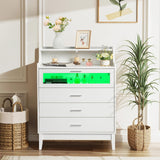 Karl home White Dresser for Bedroom, 4 Drawer Dresser with LED and Charging Station, Wooden Chest of Drawers with Shelf and Glass Drawer, Modern Bedroom Furniture, Living Room, Hallway Karl home