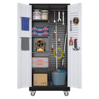 Broom Closet Storage Cabinet with Wheels and Pegboard, Metal Garage Storage Cabinet with Magnetic Doors,Adjustable Shelves for Garage Home Office,Required Assembly,Black and White,71"H×15.75"D×31.5"W
