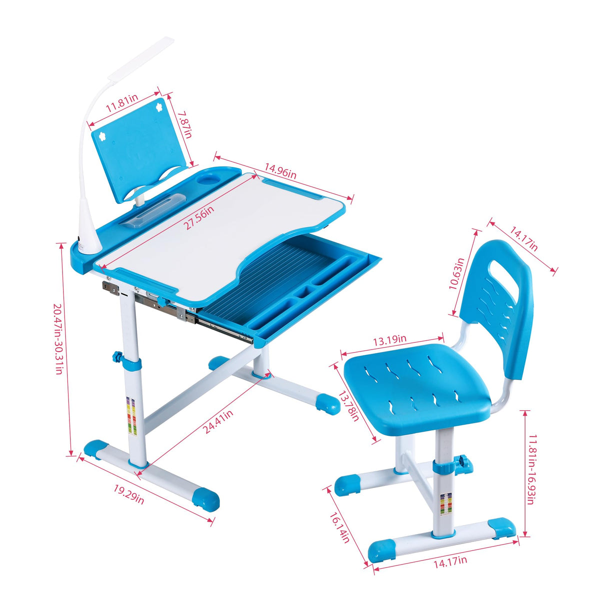 UNICOO® Kids Study Table and Chair Set, Height Adjustable Kids Art Desk, Ergonomic Study Desk for Kids, w/LED Lamp, Tilt Desktop, Pull Out Drawer - Kids Table and Chairs, Toddler Table and Chair Set UNICOO