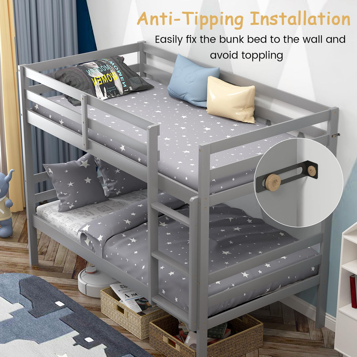 Giantex Twin Over Twin Solid Wood Bunk Bed with Safety Guard Rails and Ladder in Grey Giantex