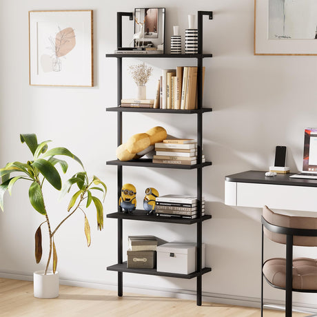 aboxoo Ladder Shelf 2PCS Open Bookshelf 5-Tier Wood Wall-Mounted Black Bookcase Storage Rack Open Industrial Modern Plant Stand Utility Organizer Bookcase Metal Frame Furniture Office Kitchen Bedroom aboxoo