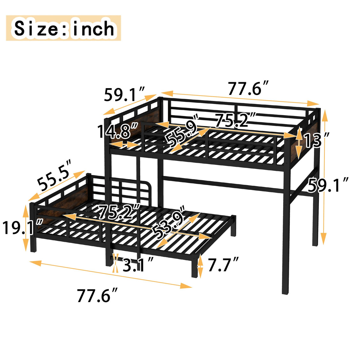 Full Over Full Bunk Bed with Headboard and Full Length Guardrail, Separable Bunk Bed Full Size, Heavy Duty Bunk Beds Can Turns Into Loft Bed and Platform Bed, Black Bellemave