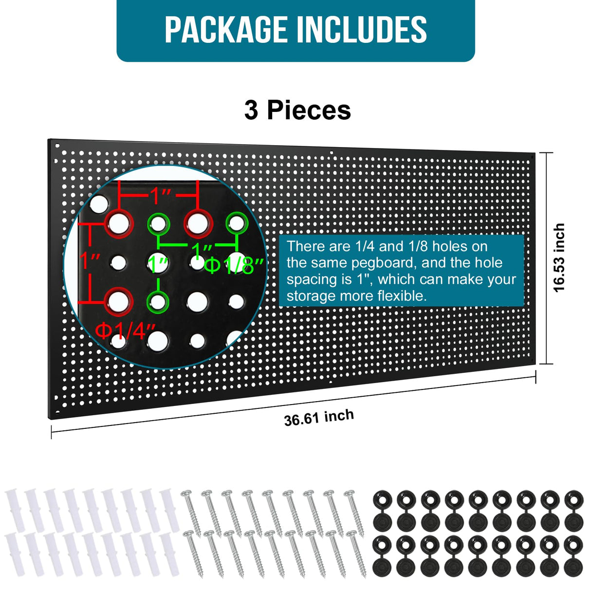 Daanxw Peg Board, 3 Pack 16-Inch X 36-Inch Heavy Duty Steel Pegboard,Heavy Duty Black Pegboard for Walls, Garage, Workbench, Craft Room Tool Organization, Metal Pegboard Panels(Black) Daanxw