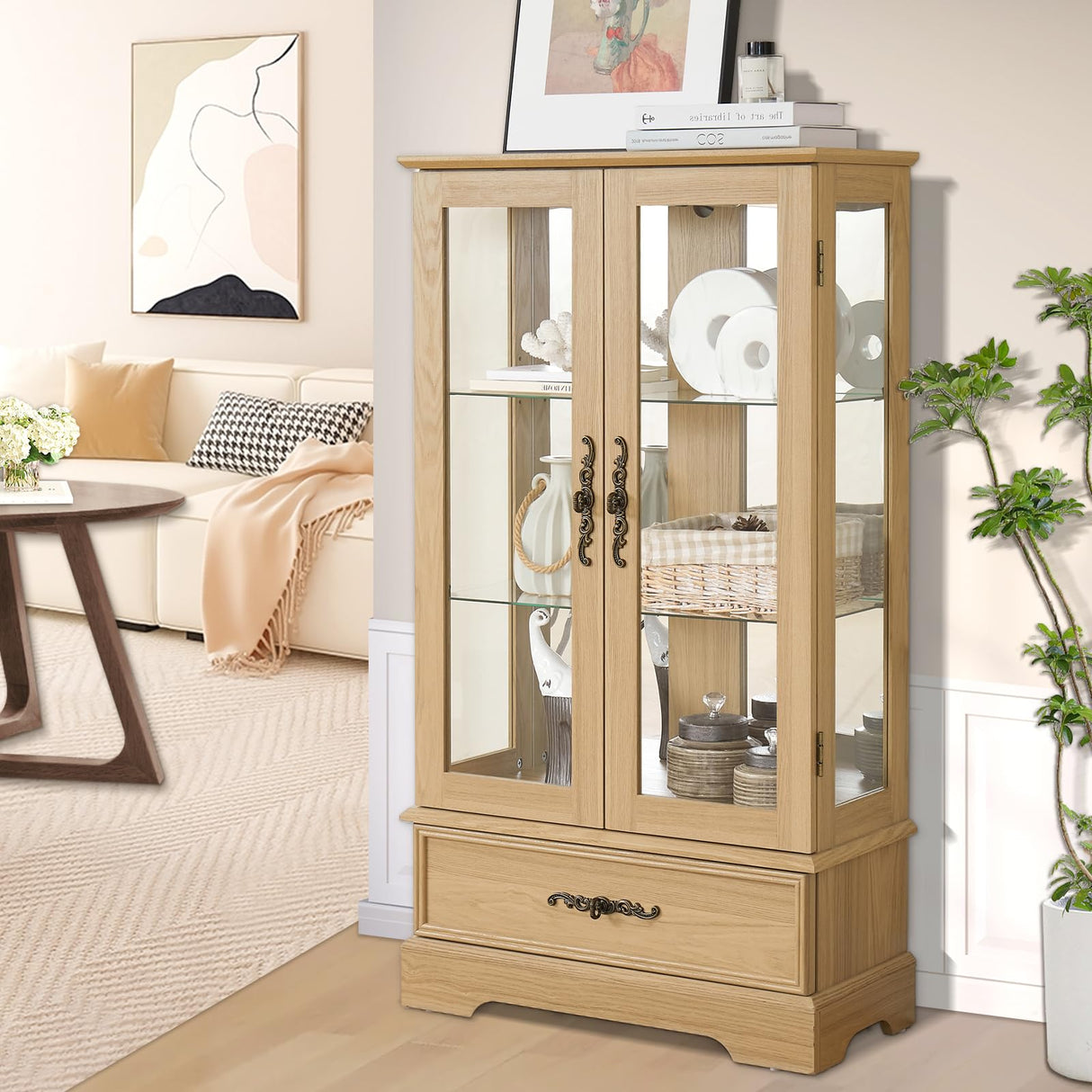 Curio Cabinet with Lighted(Light Blub Included),Tall Leg Glass Door Antique Cabinet,47"Curio Display Cabinet with 3-Tier Adjustable Glass Shelves,Curio Display Cabinet for Living Room (Light Oak) XUWANSHANG