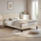 VECELO Queen Size Platform Bed Frame with Fabric Upholstered Headboard and Wooden Slats Support, No Box Spring Needed/Easy Assembly,Beige VECELO