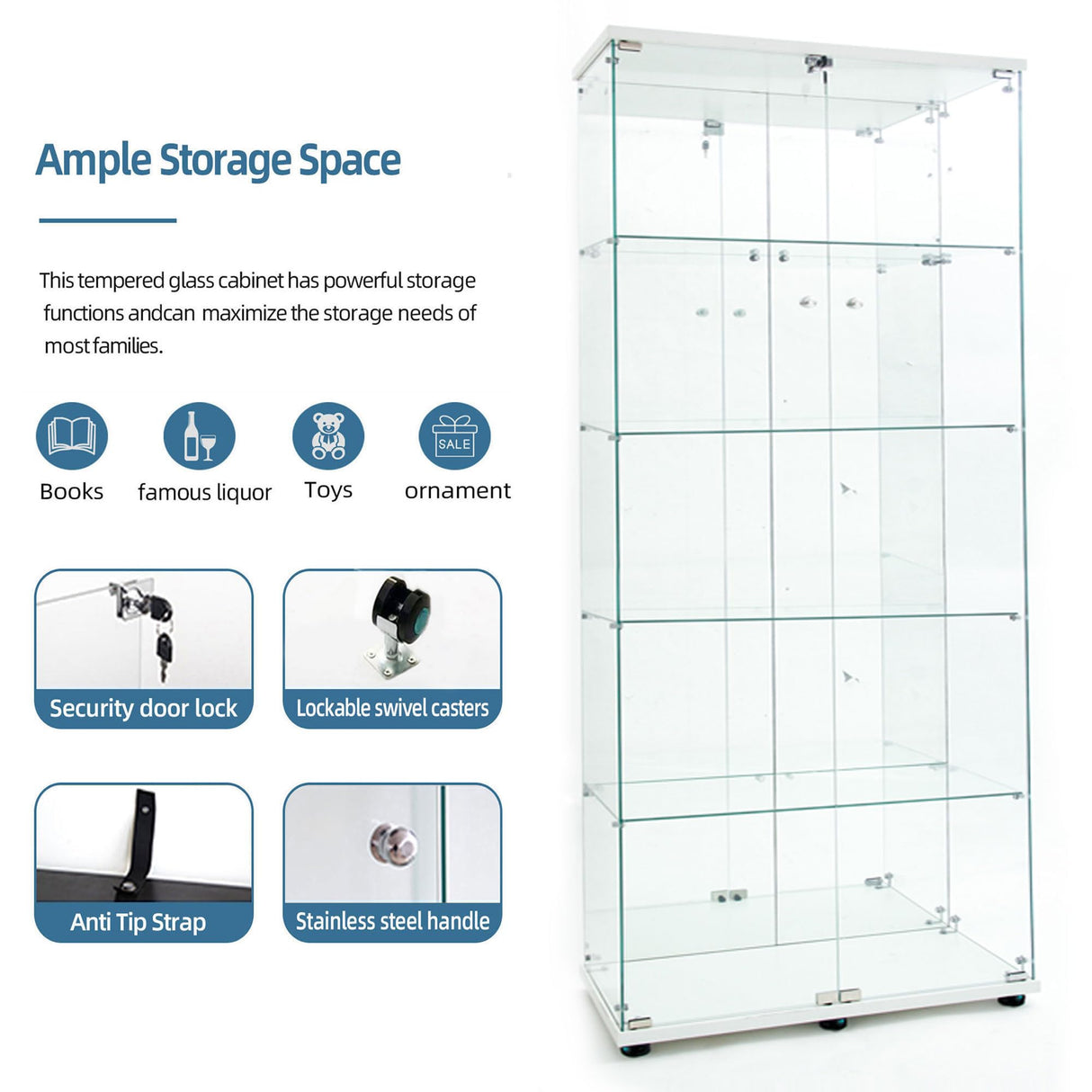 Maotifeys Modern Glass Display Cabinet 5-Shelf with LED Light,Mirror,Lock and Wheels,2 Door Curio Cabinets,Tempered Glass Collection Display Showcase for Living Room Home Office,30.9x13.5x74.8"H,White Maotifeys