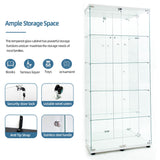 Maotifeys Modern Glass Display Cabinet 5-Shelf with LED Light,Mirror,Lock and Wheels,2 Door Curio Cabinets,Tempered Glass Collection Display Showcase for Living Room Home Office,30.9x13.5x74.8"H,White Maotifeys