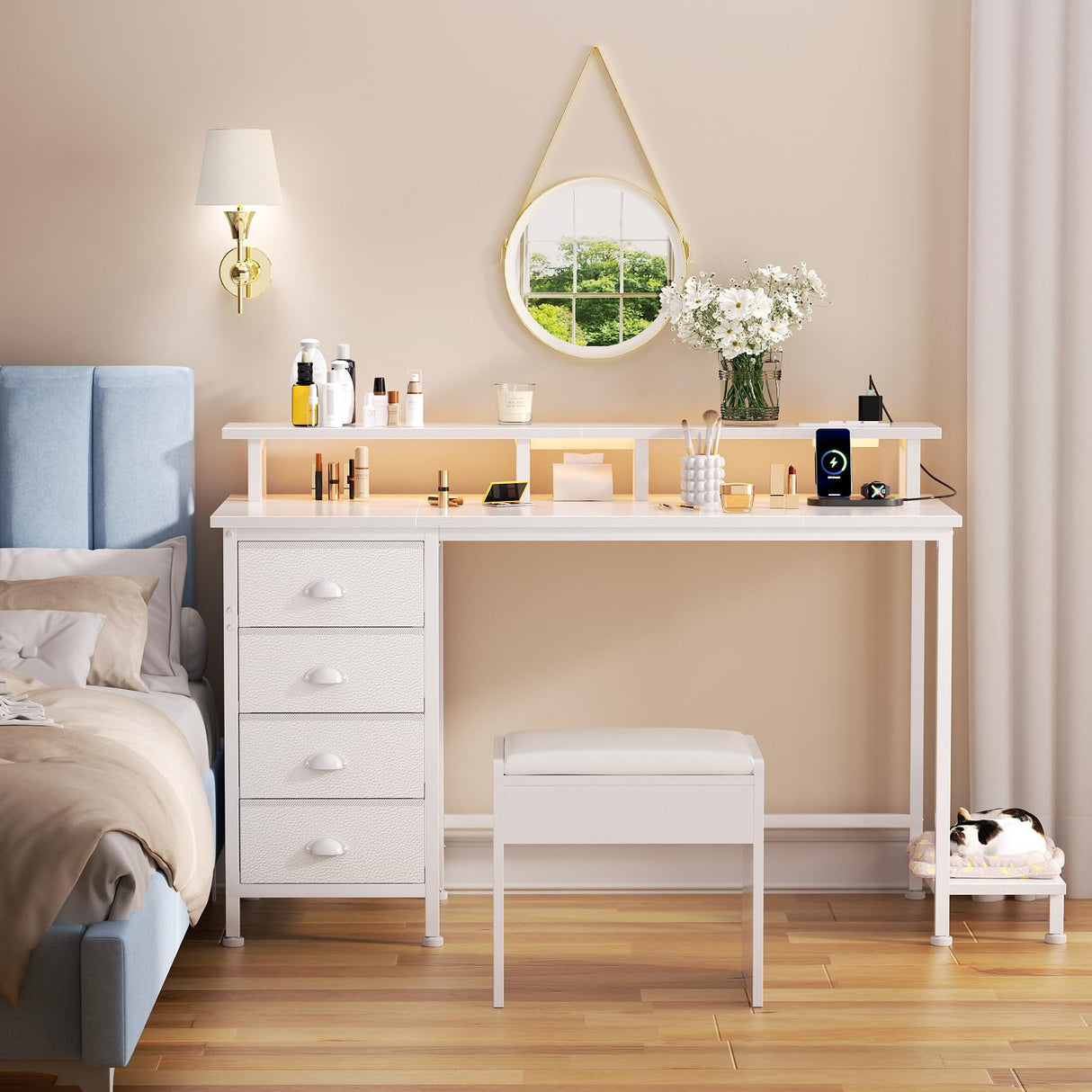 Furologee Computer Desk with 4 Fabric Drawers, 47in Gaming Desk with Power Outlets and LED Lights, Home Office Desk with Full Monitor Stand and Shelf, Study Writing Desk for Bedroom, White Furologee