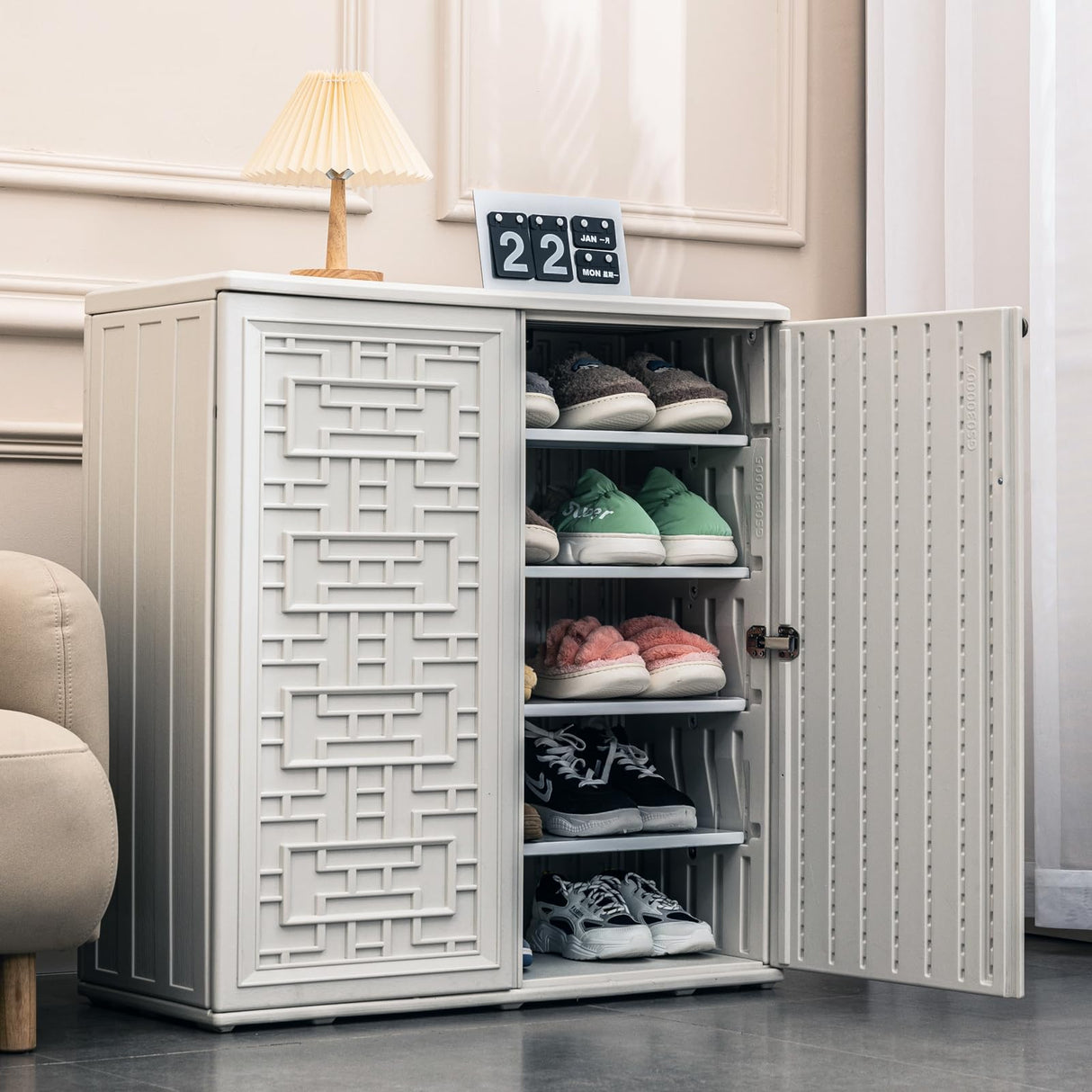 Mrosaa Indoor Outdoor Storage Cabinet Waterproof with Shelf, Off White Plastic Outdoor Cabinets for Patio/Garden/Backyard, Size 34.3''L*15''W*36.2''H Mrosaa