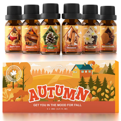 SNOWSEN Autumn Essential Oil Set, Fragrance Oil Set for Diffuser, Soap & Candle Making, Humidifiers - Apple Spice, Pumpkin Pie, Pine, Cinnamon, Vanilla, Snickerdoodle Scents Oils for Home Care 6x10ml