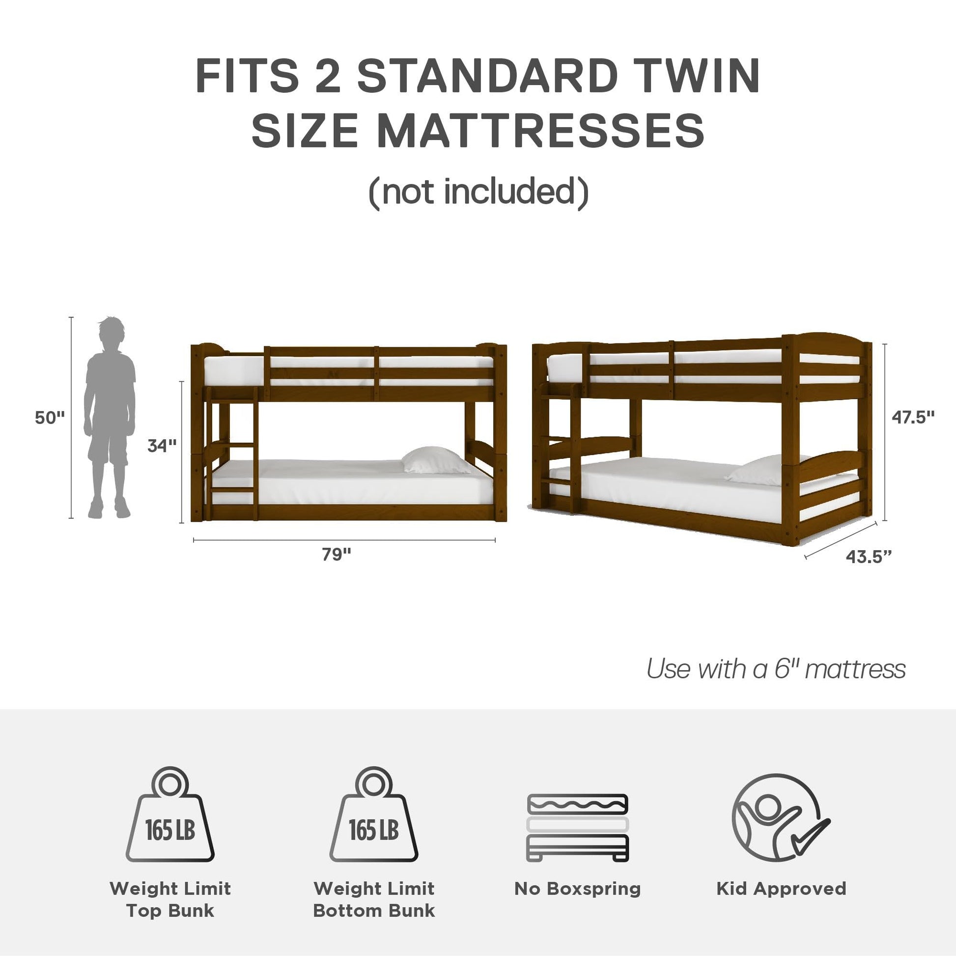 DHP Sierra Twin Bunk Bed - Mocha Finish, Solid Wood, Space-Saving Design - WoodArtSupply