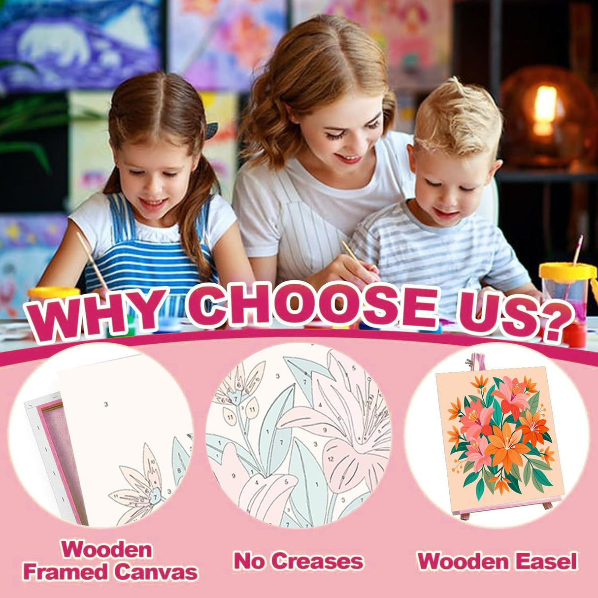 cviokrdu 4 Pack Paint by Numbers Kit for Kids with Frame - Wooden Easel, Flowers Paint by Numbers for Kids Ages 4 8 12, Easy Flower Acrylic Oil Painting Kits for Home Wall Decoration 8x8 inch cviokrdu