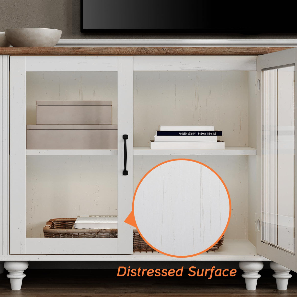 WAMPAT TV Stand for 43 Inch, Wood Console Table Storage Cabinet for Living Room, Kitchen Sideboard Buffet Cabinet With Glass Door for Dining Room, Off White WAMPAT