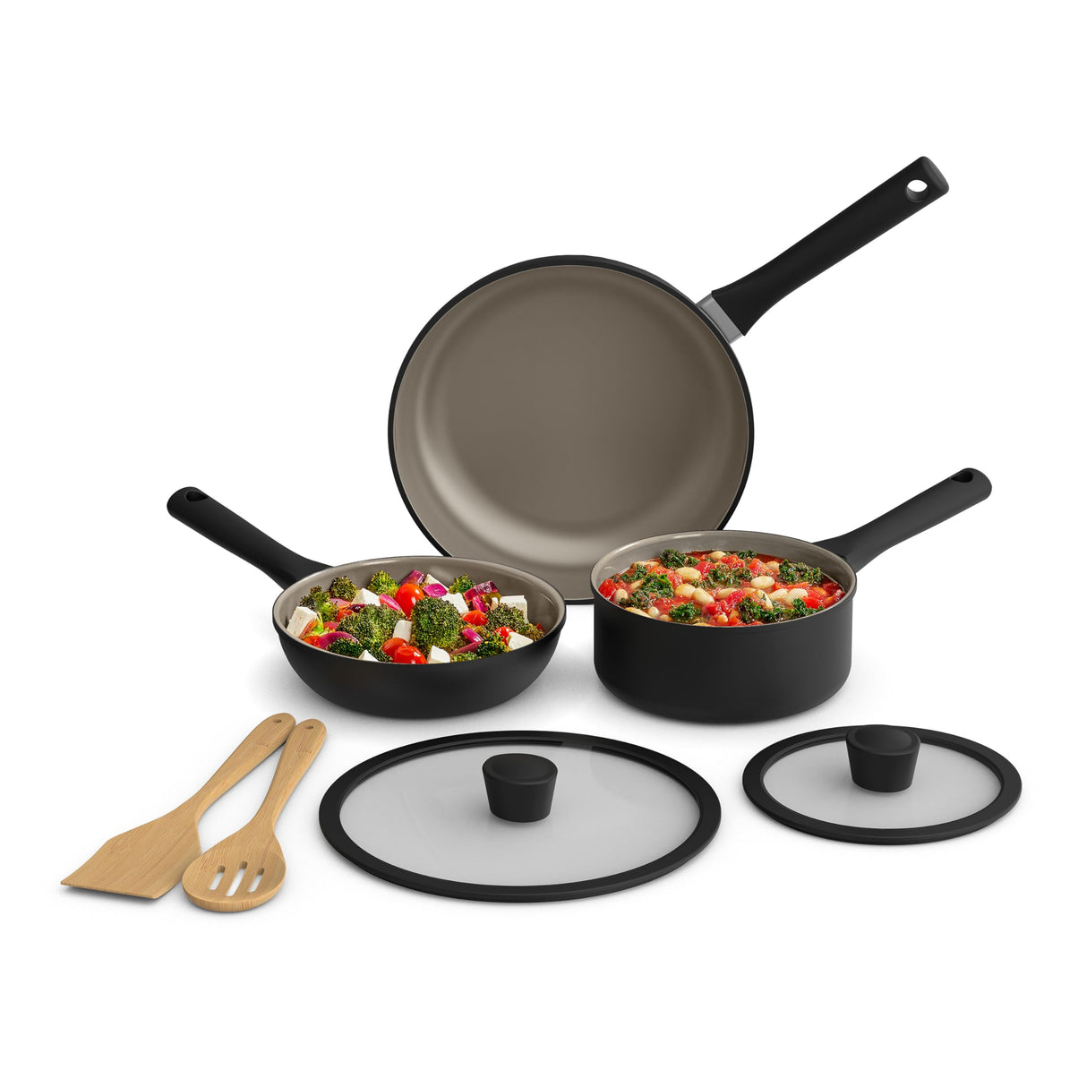 bella 7 Piece Cookware Set with EverGood™ Ceramic Nonstick Coating, Dishwasher Safe Oven Safe, All Stovetops Compatible, Glass Lids with Silicone Rims, Cool Touch Handles, Black BELLA