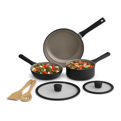 bella 7 Piece Cookware Set with EverGood™ Ceramic Nonstick Coating, Dishwasher Safe Oven Safe, All Stovetops Compatible, Glass Lids with Silicone Rims, Cool Touch Handles, Black